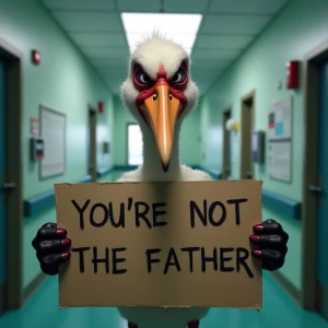 Stork with a exaggerated menacing expression holding a sign sayi...