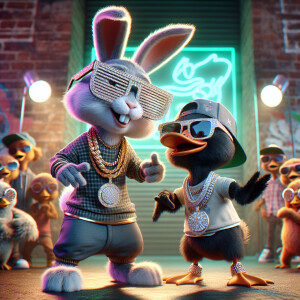 An 8k hyper-realistic image of Bugs Bunny and Daffy Duck perform...
