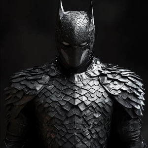 Batman in an armored suit resembling scale mail