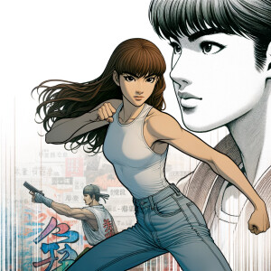 Very thin Athletic Thin skinny Attractive, Asian teenage girl, long brown hair and bangs, wearing tight skinny jeans and a halter top paint marks on her clothing, heroic sideways pose Asian graffiti background