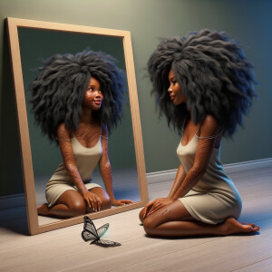 Create a 3-D realistic beautiful African-American  women with thick curly black hair
Looking at herself in the mirror, but the reflection she sees is a child, and she is no longer beautiful. She is ugly with scars. There is a fallen butterfly.