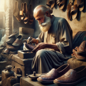 Illustrate a scene of an old-time pakistan cobbler without musta...