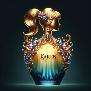 Create a 3-D realistic gold and blue, colorful jewels perfume b...