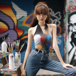 teenage girl, long brown hair and bangs, wearing tight skinny jeans and a halter top paint marks on her clothing, heroic pose Asian graffiti background, nearing on one knee