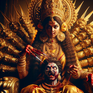 portrait of extremely angry looking goddess durga cosplayer sitting on a gold crown and carrying a weak mahishasur on her lap and poking him with her amazingly long red fingernails. She is wearing gold armor, a huge gold crown, gold saree, abundant  gold jewelry, covered in blood. The scene is set in ancient India. The image is 8K resolution, cinematic, photography, ultra detailed face and epic.