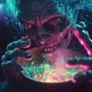 A grotesque alien witch with mini skulls embedded in her face, s...