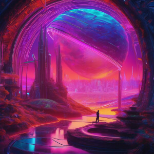 On a neon-lit artificial planet, intricate geometric structures...