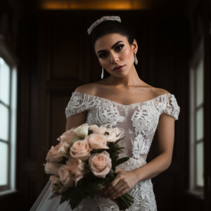 A beautiful Latina woman wearing an elegant wedding dress, with...