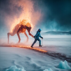 An alien made of ice is pulling an alien made of fire by the leg...