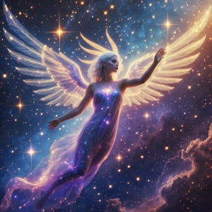 Create an image of a celestial being with glowing wings, floatin...