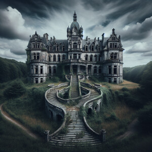 Large abandoned mansion with an extra long staircase going from...