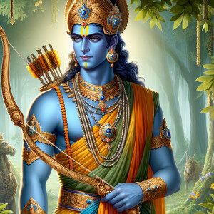 Create an image of Lord Rama, the hero from the Ramayana, with b...