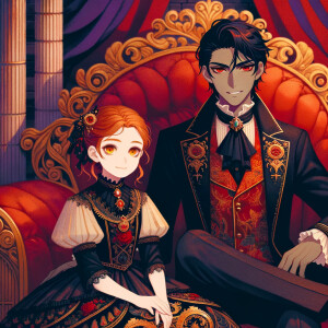 Lilith as a girl with elegant gothic lolita dress sit on the lap of handsome lucifer, the girl has red hair and golden eyes, thrones, red elegant luxury background