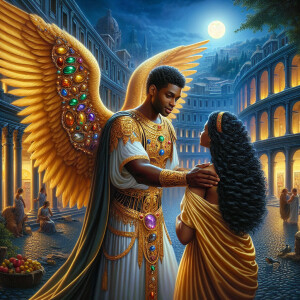 Create an oil painting image featuring a male angel and a grievi...