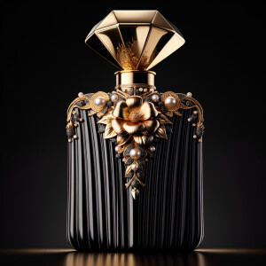 Design a fancy, black and gold bottle of perfume in the shape of a woman’s body. With a golden diamond top, flowers pearls and Diamonds in the name, Karen