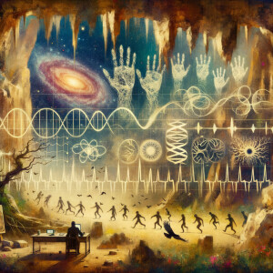 lie detector graphs, cardio, printout , branches infinity sign, cave, Art, handprints, distant birds flying, flowering vines, abstract gestural painting, dna cave drawings galaxies electrical cardiogram