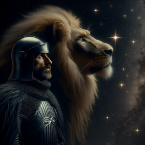 Mufasa and Darth Vader wearing his iconic costume stand side by...