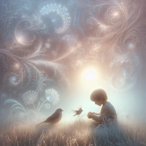 A child playing with a small bird on a peaceful, foggy morning. The gentle light reflects off the dew-covered grass, creating a soft, shimmering effect, while the child’s joyful smile adds a touch of warmth.