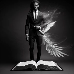 Generate an image of an elegantly dressed African American male with dreadlocks, standing atop an open Holy Bible against a solid black background.