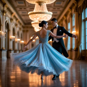 “A breathtaking wide-angle shot taken with a Nikon D850 and a 24-70mm f/2.8 lens. Dahlia Valentina (DahliaValentina_ai) fit tall supple well endowed tanned Italian American model glides gracefully across an opulent ballroom floor, caught mid-turn in a Viennese waltz. She wears a flowing ice-blue ballgown, its delicate lace details shimmering under the golden glow of an enormous crystal chandelier. Her posture is poised, her expression serene as she twirls with an elegant dance partner in a classic tuxedo. The grand ballroom features intricate gilded moldings, towering windows draped with silk curtains, and polished marble floors reflecting their movements. The air feels enchanted, as if time itself has slowed for this graceful moment. The soft depth of field blurs the background slightly, enhancing the dreamlike quality of the scene.”