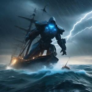 A colossal, shadowy, hooded figure with glowing blue eyes and a...
