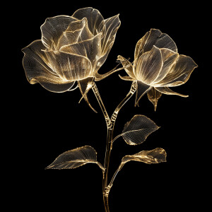 Metal whimsical roses with engraved lines or designs, illuminate...