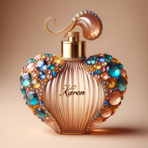 Create a 3-D realistic gold and  blue, colorful jewels perfume bottle
In the shape of a women’s body with the name Karen