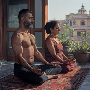 Photorealism,realism,A man muscular beefy sweaty doinga yoga sit...