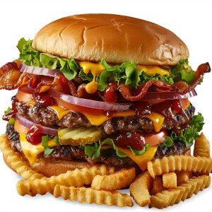 Create an image of a double cheeseburger topped with crispy baco...
