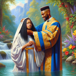 An oil painting depicting a light-skinned African-American pasto...
