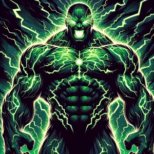 Graphic-style full-body illustration of the Incredible Hulk, sta...