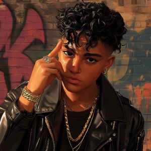 A character with short, curly hair styled in a high fade, wearin...