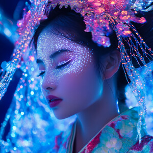 Capture a futuristic Geisha in a kimono made of quantum threads...