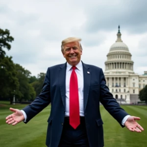 Donald Trump with a grin with arms outstretched standing in fron...
