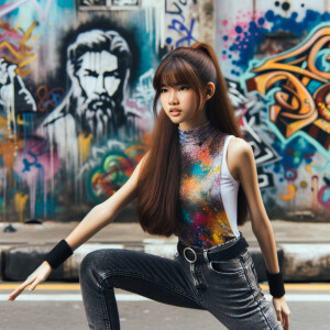 teenage girl, long brown hair and bangs, wearing tight skinny jeans and a halter top paint marks on her clothing, heroic pose Asian graffiti background, nearing on one knee