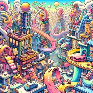 A high-angle colorful illustration of a surreal cartoon city cal...