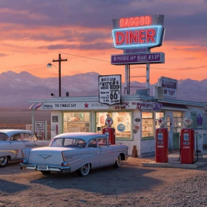 "A photorealistic vertical photograph of a vintage 1950s roadsid...