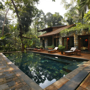 A tropical single floor stone house in a tropical forest inspire...