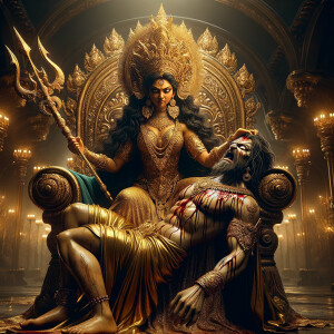 portrait of angry looking goddess durga sitting on a gold crown and carrying a weak mahishasur on her lap and stabbing him with her amazingly designed trident. She is wearing gold armor, a huge gold crown, gold saree, abundant  gold jewelry, covered in blood. The scene is set in ancient India. The image is 8K resolution, cinematic, ultra detailed face and epic.