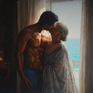 Hyperrealism painting.a muscular sweaty indian  man  standing in...