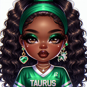 A chibi-style African American woman, brown eyes. with deep wavy...