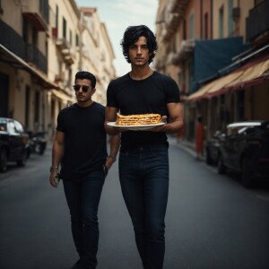 Photorealistic image. Italian guy, blue eyes, black hair, beatle...