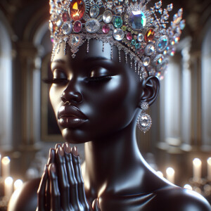 Create a highly realistic 3D portrait of an African queen in a m...