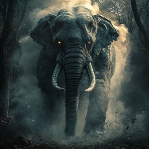 In a mystical ancient forest, a colossal gray elephant begins a...