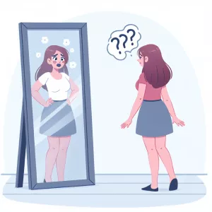 Женщина стоит напротив зеркала в полный рост. Смотрит на свое от...