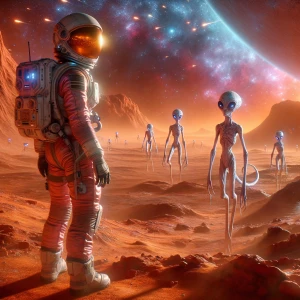 A lone female astronaut in a slightly damaged, high-tech pink sp...