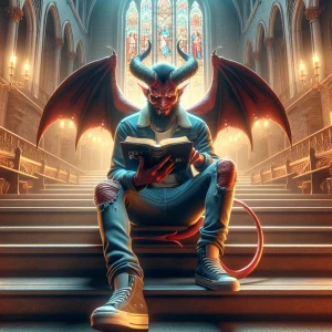 A digital airbrushed illustration of a beautiful Demon , sitting...