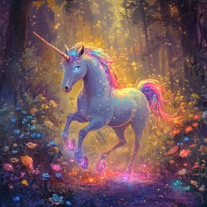 A luminously sparkling unicorn with rainbow mane and tail prance...