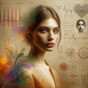 Abstract, minimalist, painting, with pencil line, paint stroke, gestures, colorful marks, mathematical equations, electrical cardiogram, printouts complex math formulas, dna asian teen girl