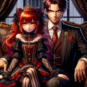 Lilith as a girl with elegant gothic lolita dress sit on the lap of handsome lucifer, the girl has red hair and golden eyes, thrones, blackand red elegant luxury background, Lucifer evil smirk, The girl fierce look, Obsession and Ownership sign